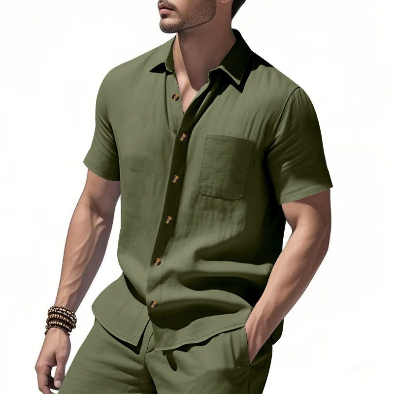 Magnus Relaxed Shirt with Short Sleeve and Chest Pocket in Olive Green