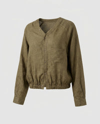 Maia Elegant Linen Blouse with V-Neck in Te Grün