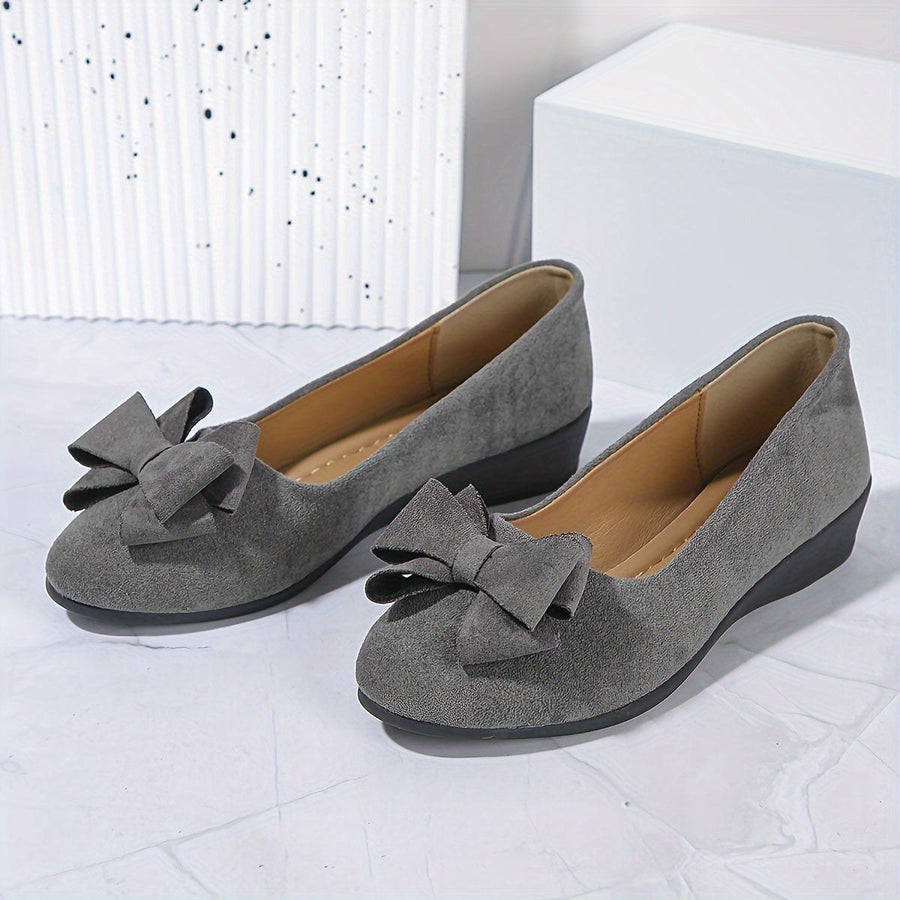 Maisie Women's Wedge Ballet Flats Bow Detail Suede Slip On Shoes in Black