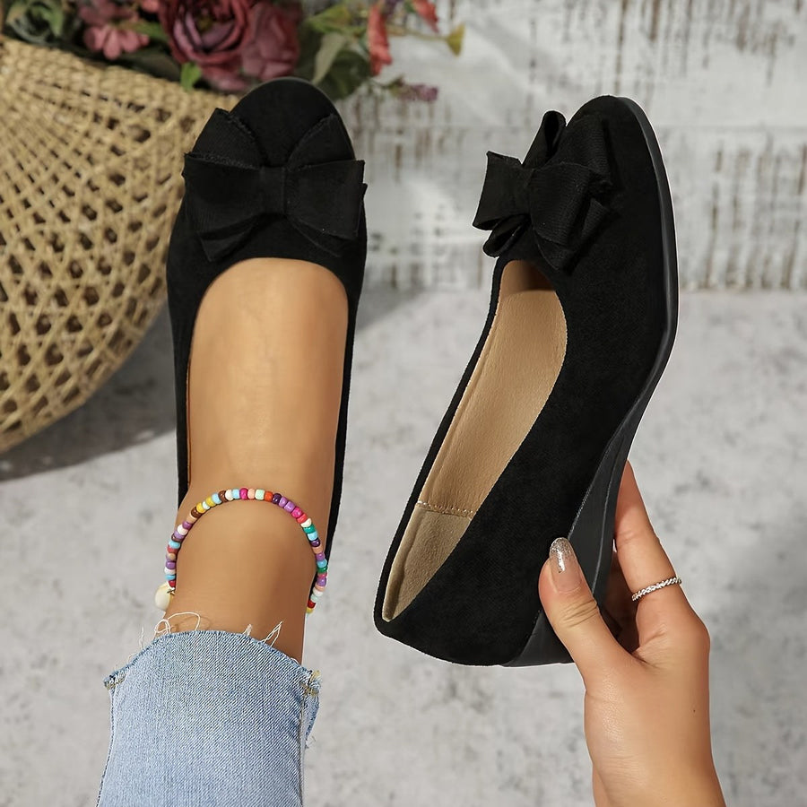 Maisie Women's Wedge Ballet Flats Bow Detail Suede Slip On Shoes in Black