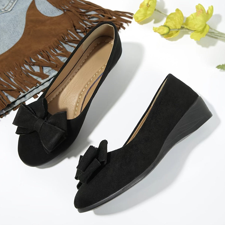 Maisie Women's Wedge Ballet Flats Bow Detail Suede Slip On Shoes in Blue