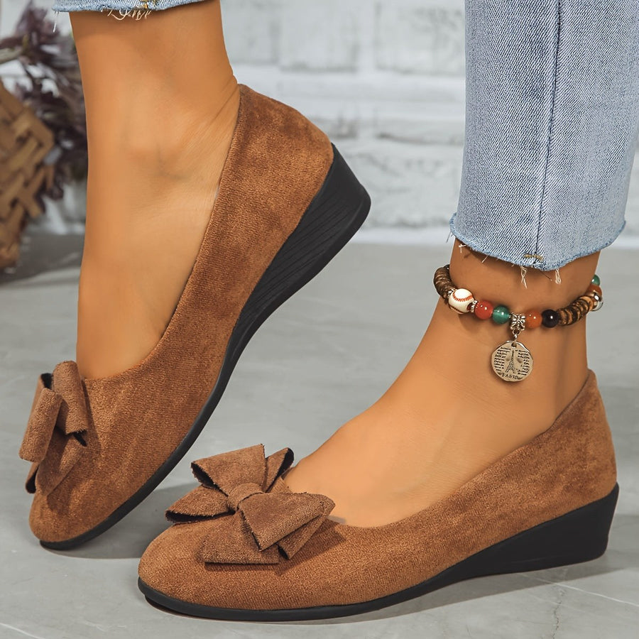 Maisie Women's Wedge Ballet Flats Bow Detail Suede Slip On Shoes in Grey