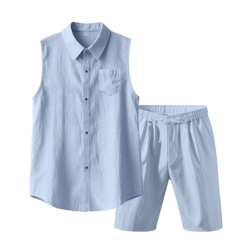Malte Linen Shirt with Sleeveless and Drawstring Waist in Light Blue
