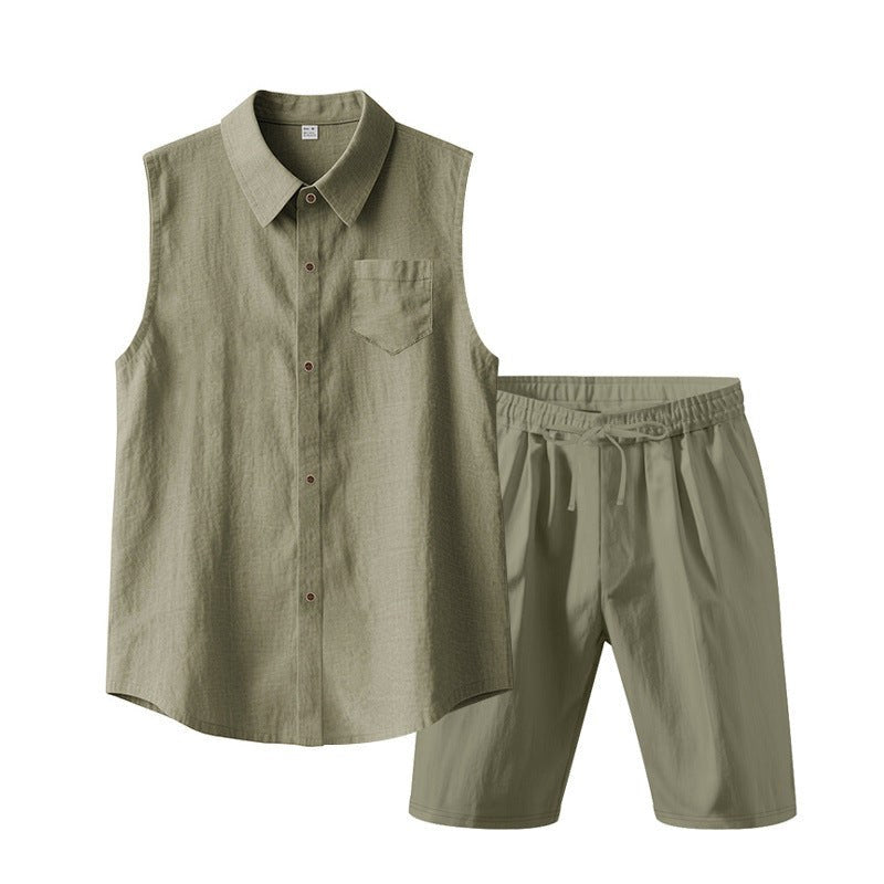 Malte Linen Shirt with Sleeveless and Drawstring Waist in Olive Green
