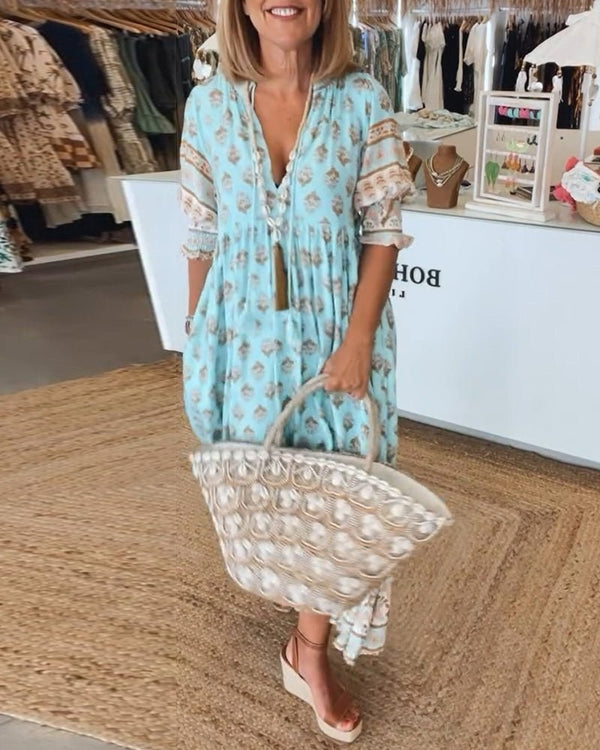 Mana Chic Floral V-Neck Dress in Blue