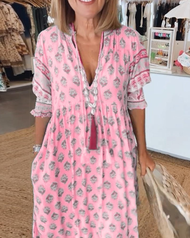 Mana Chic Floral V-Neck Dress in Pink