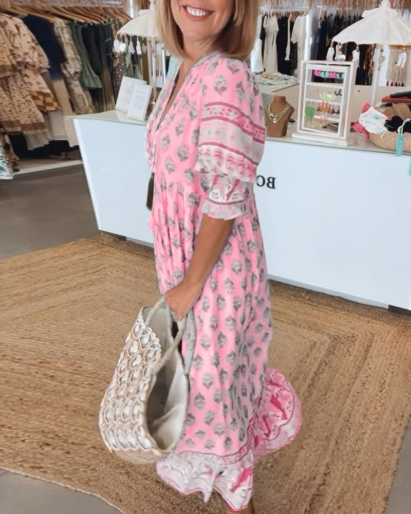 Mana Chic Floral V-Neck Dress in Pink