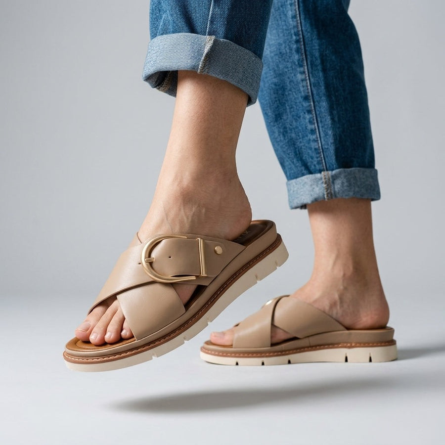 Mara Crossband Platform Slide in Beige