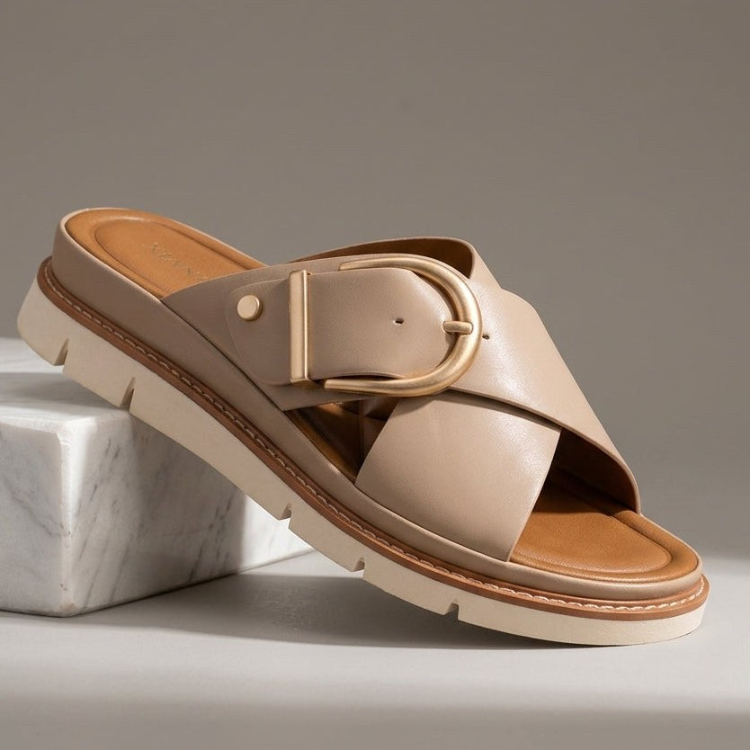 Mara Crossband Platform Slide in Beige