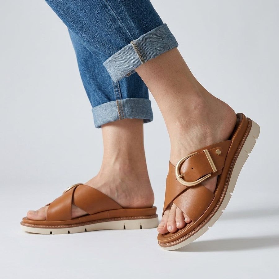 Mara Crossband Platform Slide in Sienna Brown