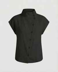 Mara Linen Blouse with Button Front in Black