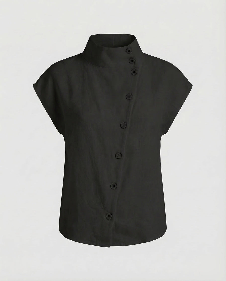 Mara Linen Blouse with Button Front in Black