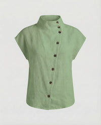 Mara Linen Blouse with Button Front in Green