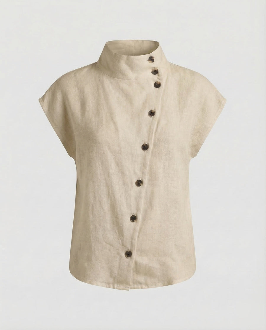 Mara Linen Blouse with Button Front in Khaki