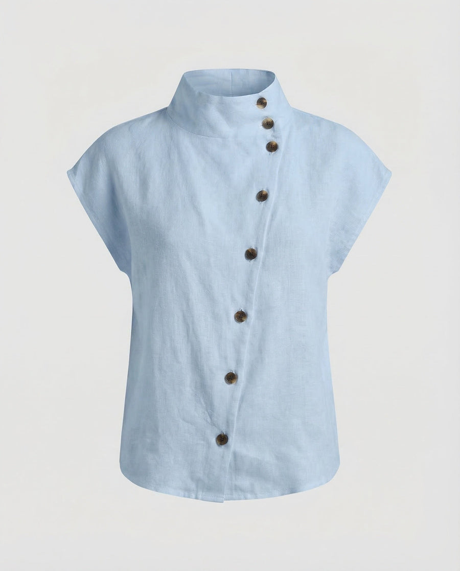 Mara Linen Blouse with Button Front in Light Blue