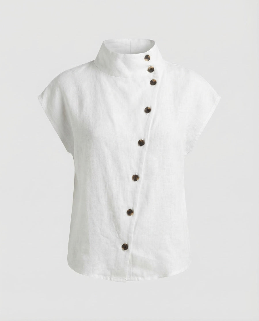 Mara Linen Blouse with Button Front in White
