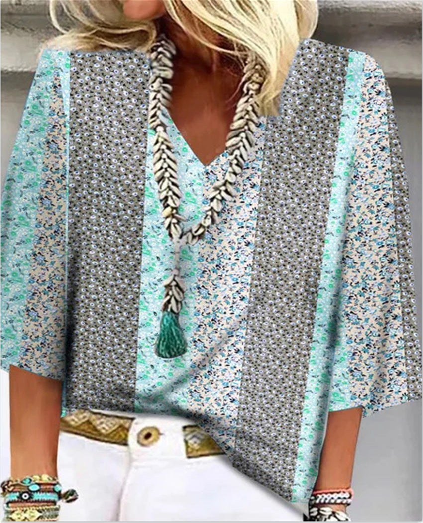Mara Women's Printed V-Neck 3/4 Sleeve Blouse Relaxed Fit in Blue
