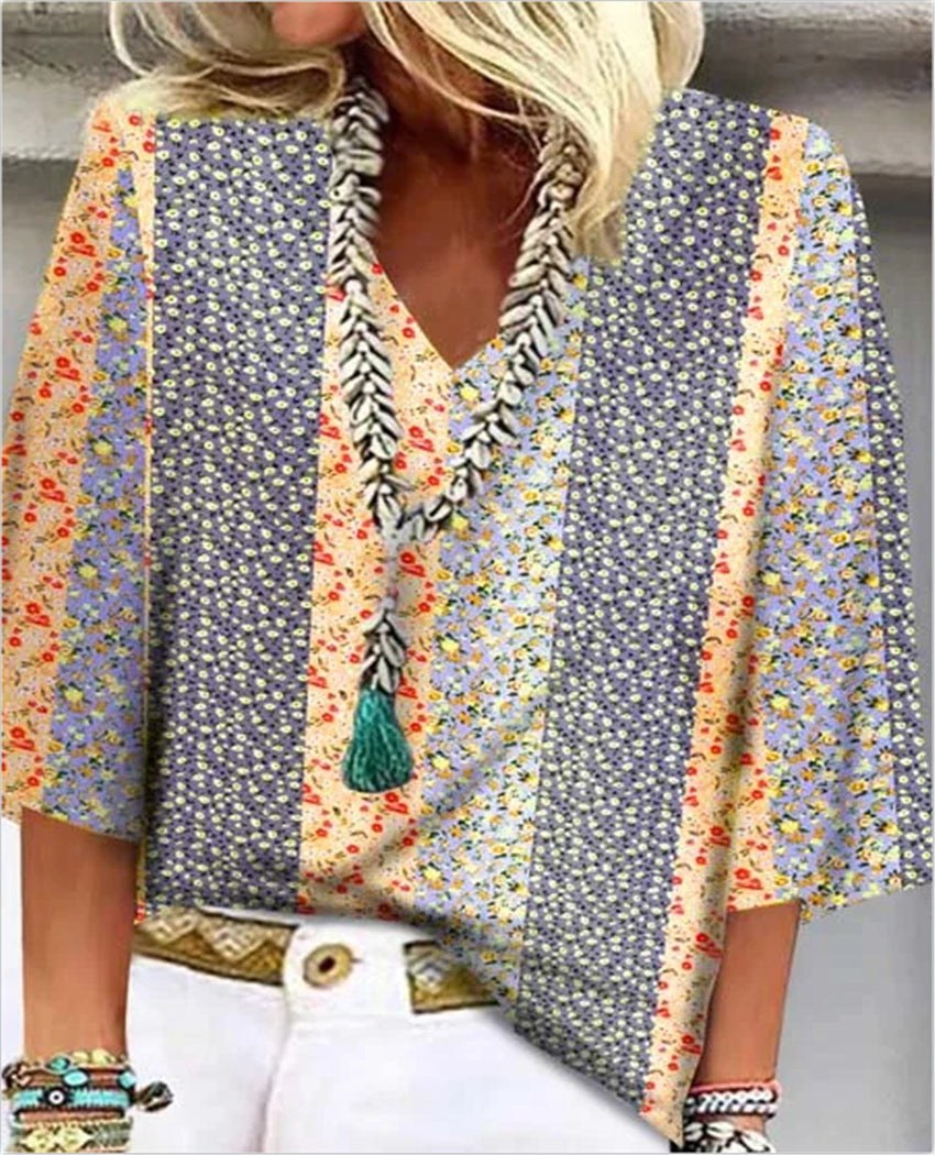 Mara Women's Printed V-Neck 3/4 Sleeve Blouse Relaxed Fit in Orange