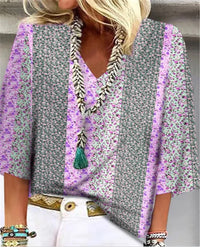Mara Women's Printed V-Neck 3/4 Sleeve Blouse Relaxed Fit in Purple
