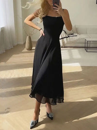 Marcia Women's Square Neck Sleeveless A-Line Midi Dress in Black