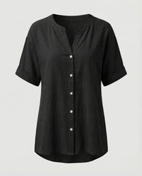 Maren Linen Blouse with V-Neck in Black