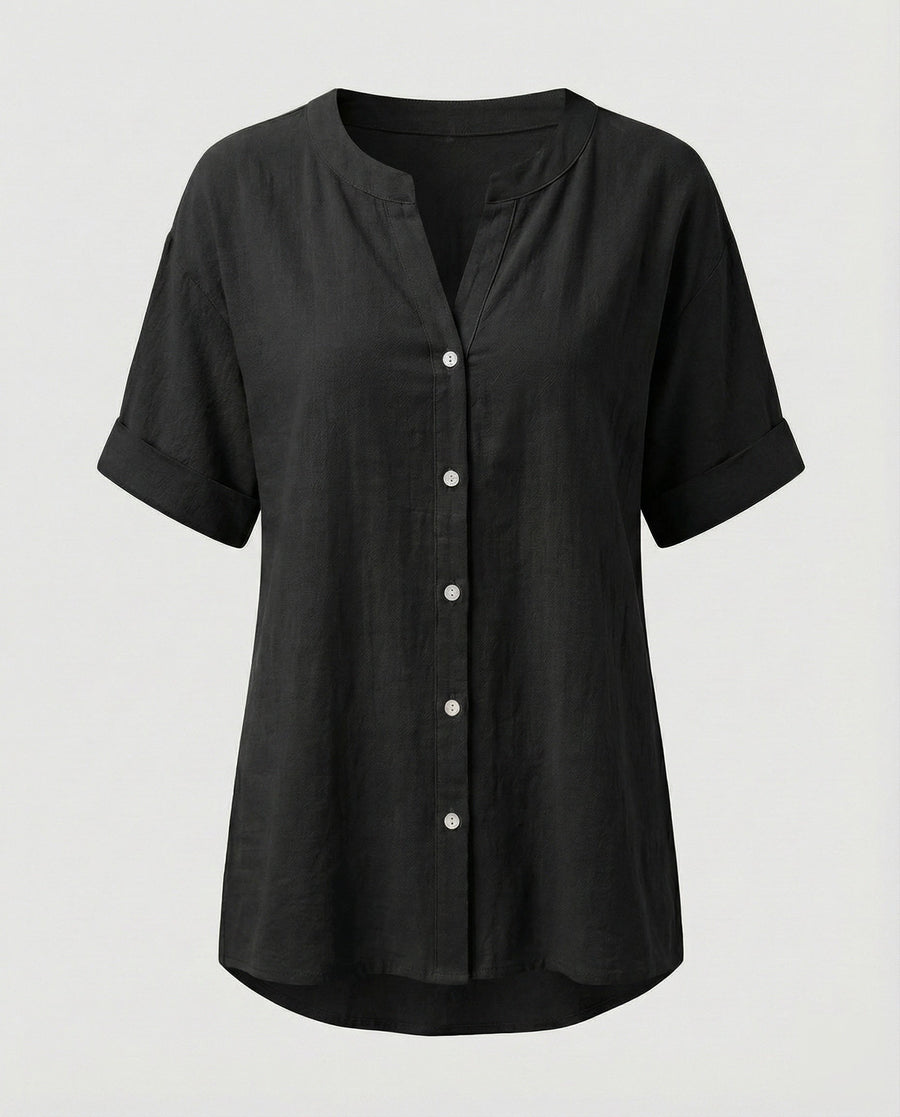 Maren Linen Blouse with V-Neck in Black