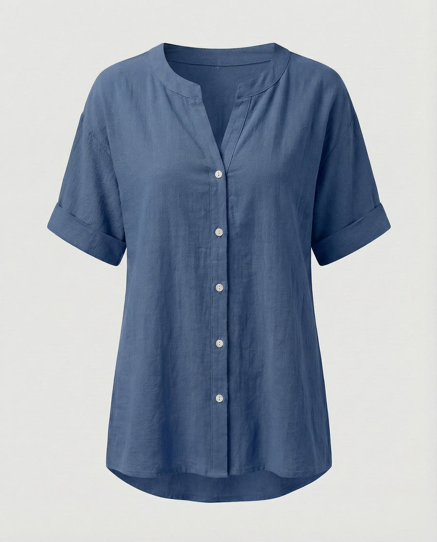 Maren Linen Blouse with V-Neck in Blue