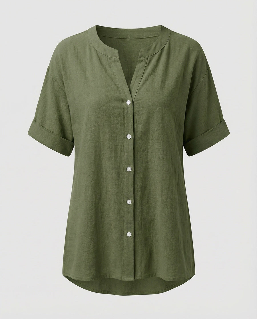 Maren Linen Blouse with V-Neck in Gruen