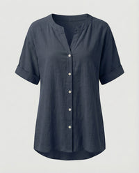 Maren Linen Blouse with V-Neck in Navy