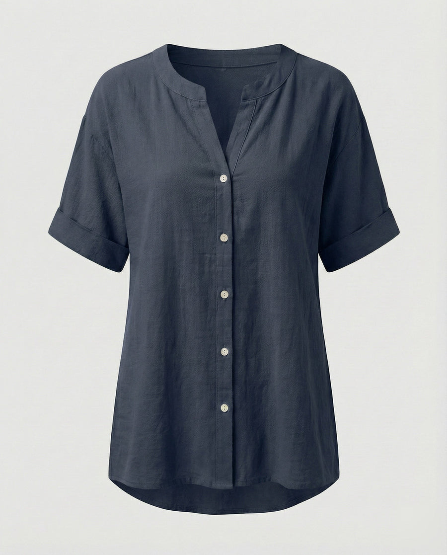 Maren Linen Blouse with V-Neck in Navy