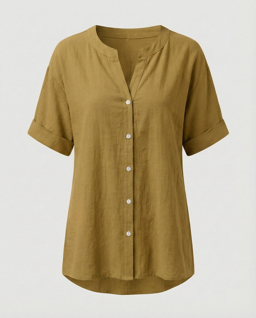 Maren Linen Blouse with V-Neck in Ochre