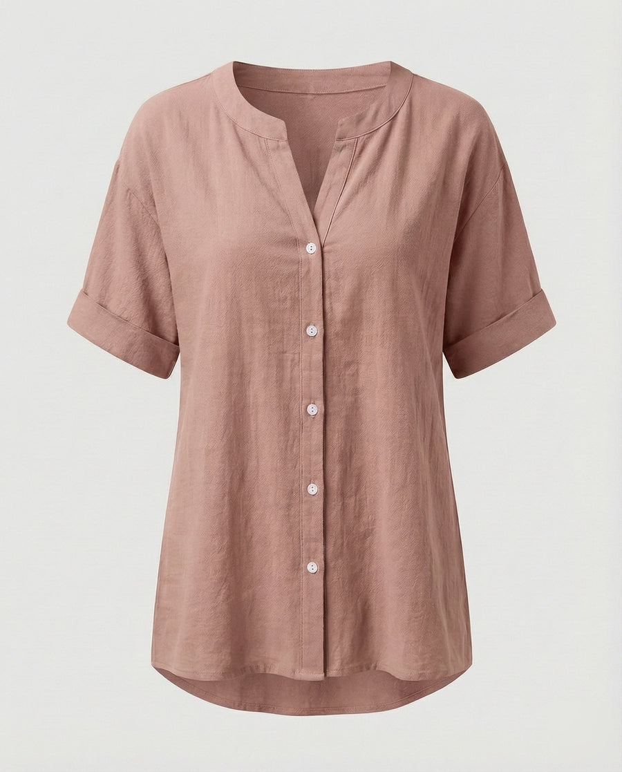 Maren Linen Blouse with V-Neck in Pink
