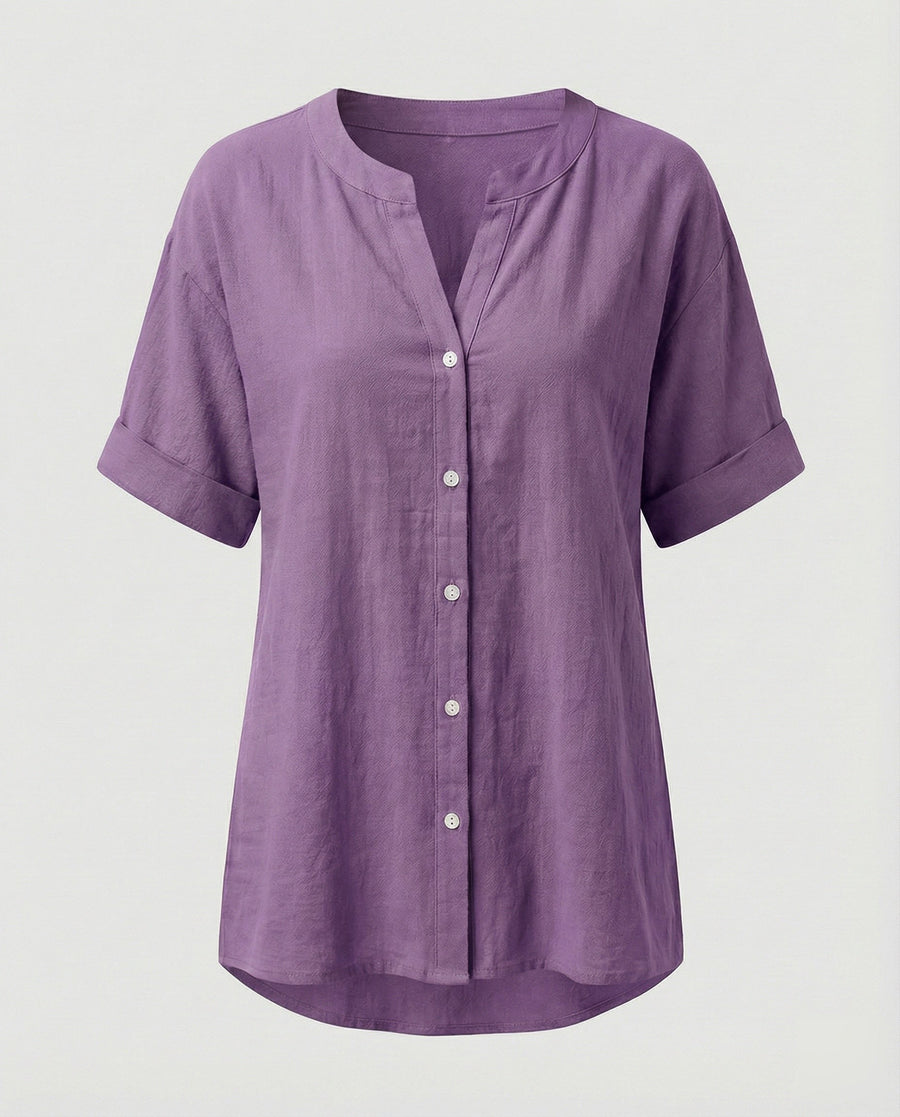 Maren Linen Blouse with V-Neck in Purple