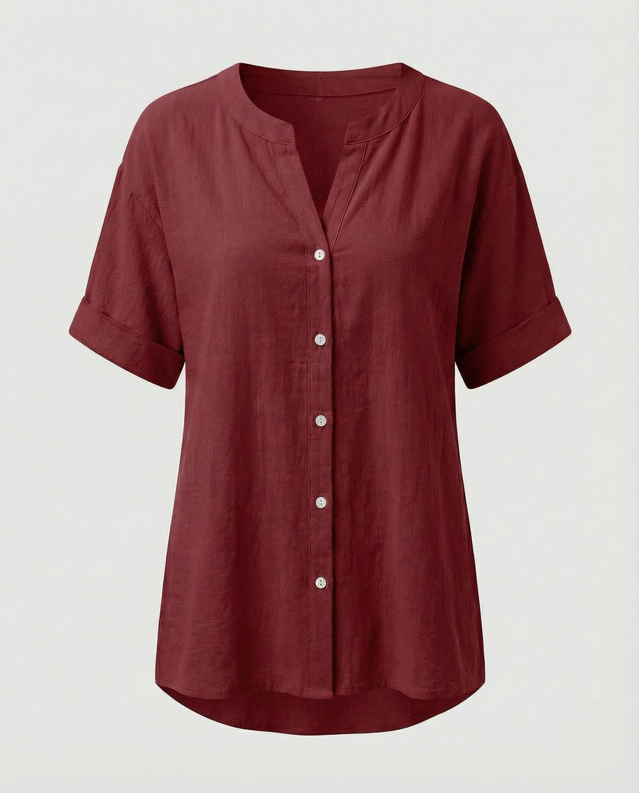 Maren Linen Blouse with V-Neck in Wine Red
