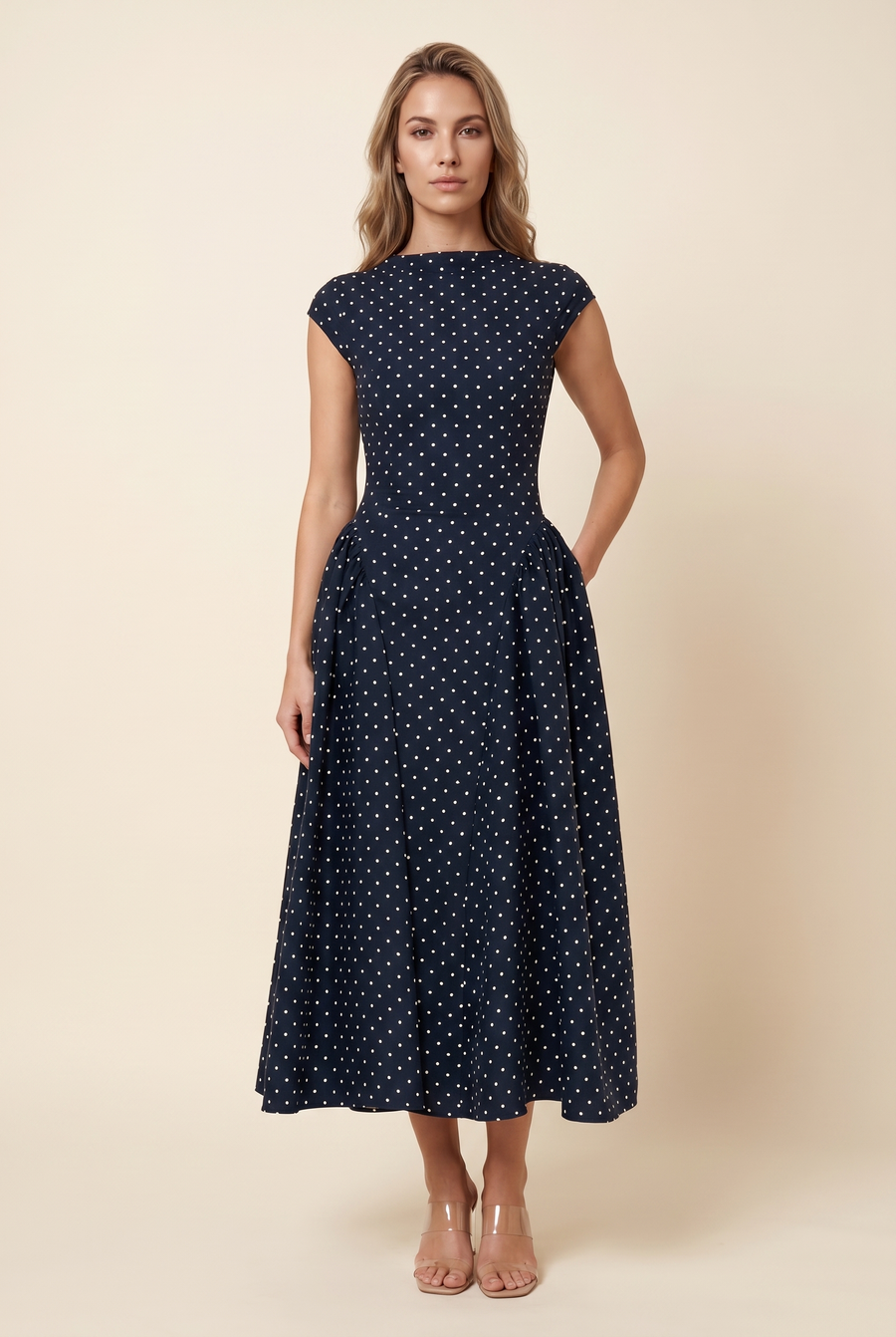 Margot Midi Dress in Navy Polka Dot
