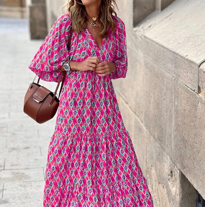 Margot Women's V-Neck Puff Sleeve Boho Floral Maxi Dress