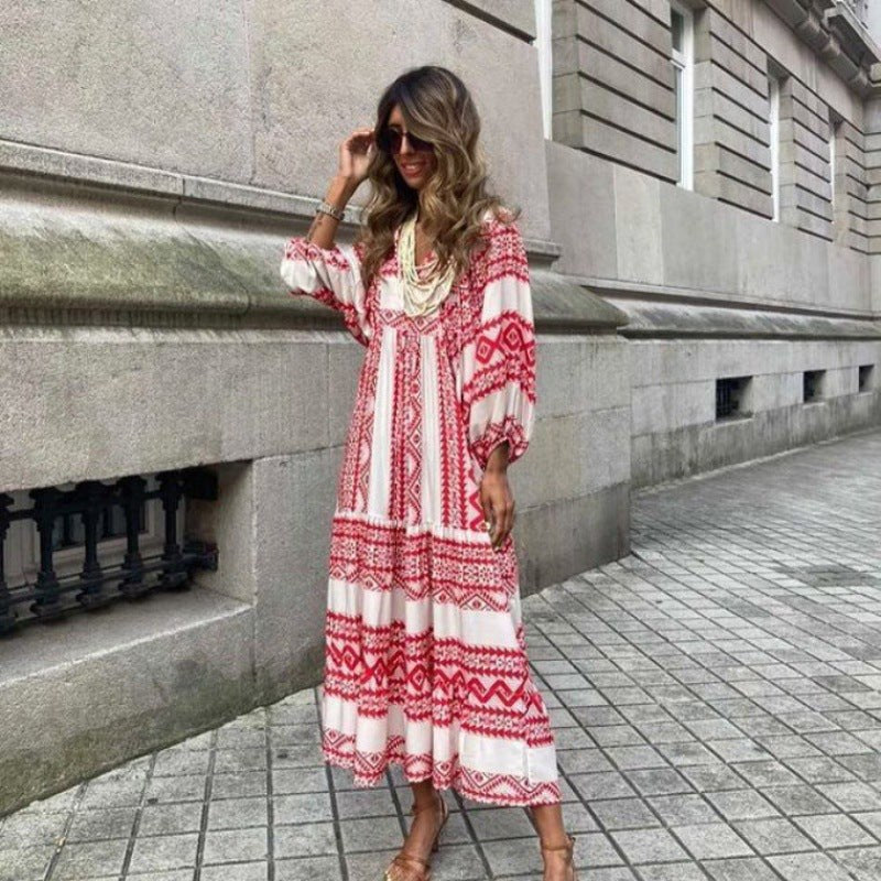 Margot Women's V-Neck Puff Sleeve Boho Floral Maxi Dress