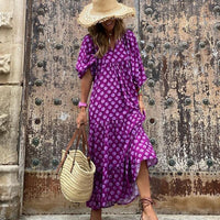 Margot Women's V-Neck Puff Sleeve Boho Floral Maxi Dress