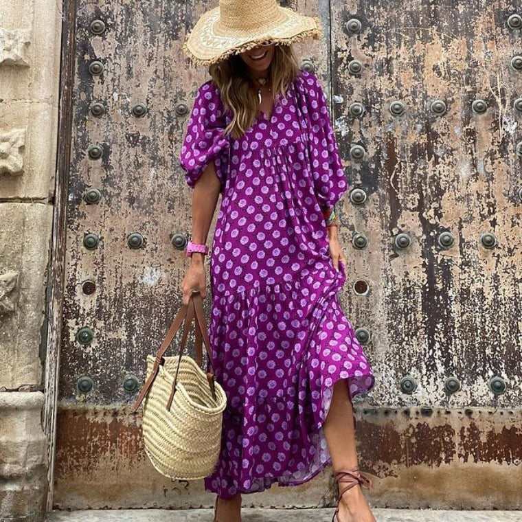 Margot Women's V-Neck Puff Sleeve Boho Floral Maxi Dress