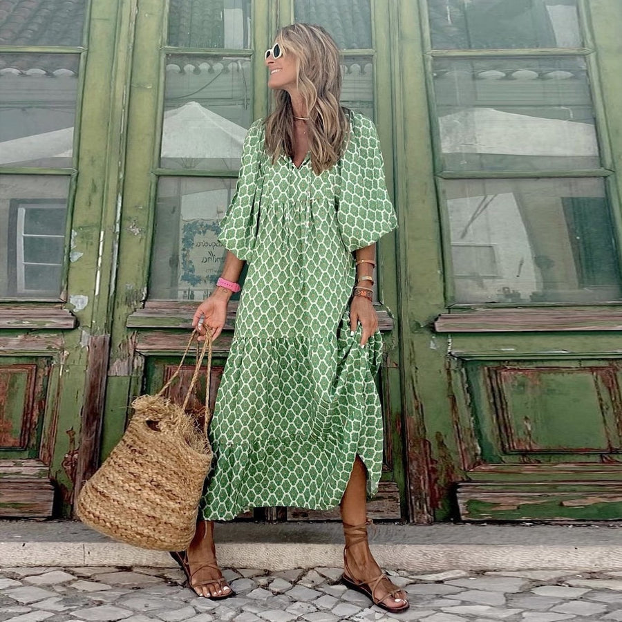 Margot Women's V-Neck Puff Sleeve Boho Floral Maxi Dress