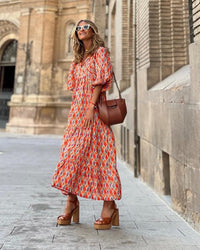 Margot Women's V-Neck Puff Sleeve Boho Floral Maxi Dress