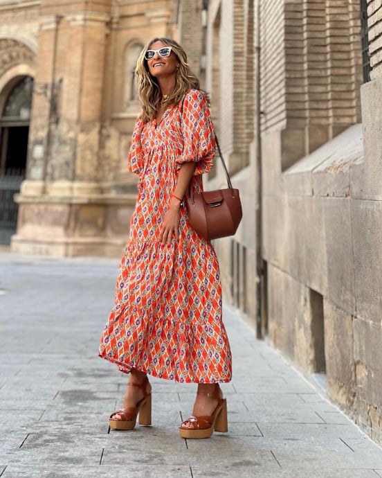 Margot Women's V-Neck Puff Sleeve Boho Floral Maxi Dress