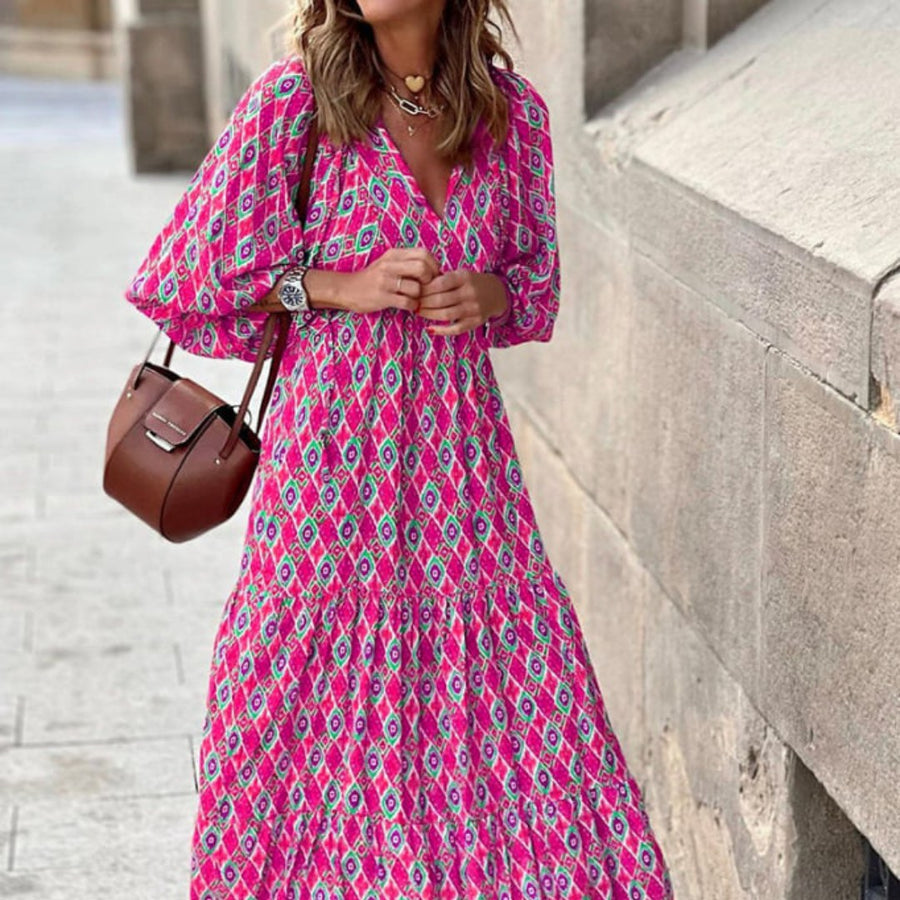 Margot Women's V-Neck Puff Sleeve Boho Floral Maxi Dress in Dark Pink