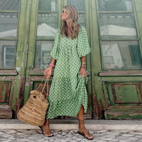 Margot Women's V-Neck Puff Sleeve Boho Floral Maxi Dress in Light Green