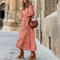 Margot Women's V-Neck Puff Sleeve Boho Floral Maxi Dress in Pink