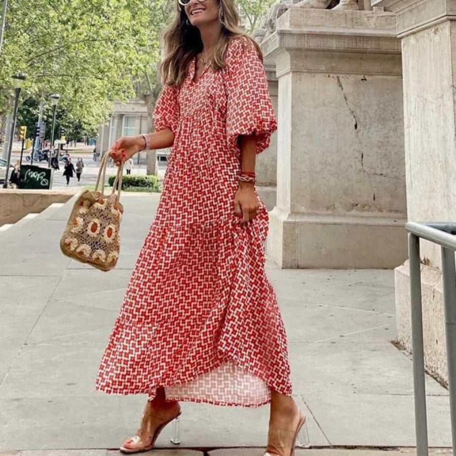Margot Women's V-Neck Puff Sleeve Boho Floral Maxi Dress in Red