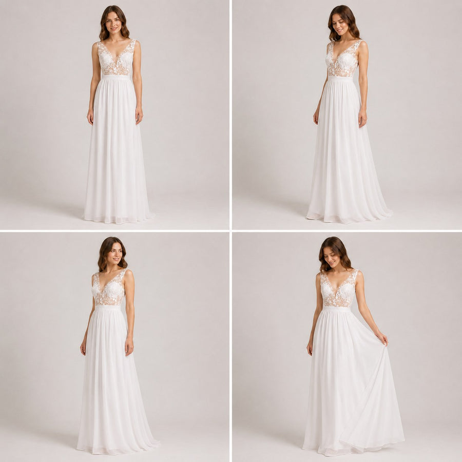 Mariana Lace Dress with V-Neck and Side Split in White