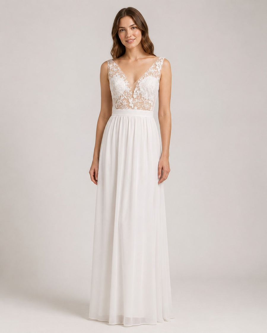 Mariana Lace Dress with V-Neck and Side Split in White