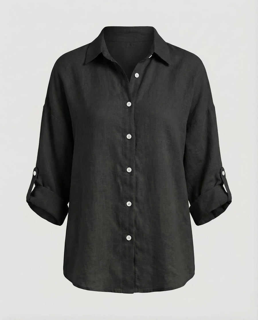 Mariana Lightweight Linen Blouse with V-Neck in Black