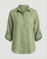 Mariana Lightweight Linen Blouse with V-Neck in Green